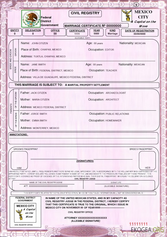 Modèle de certificat de mariage au Mexique au format PSD